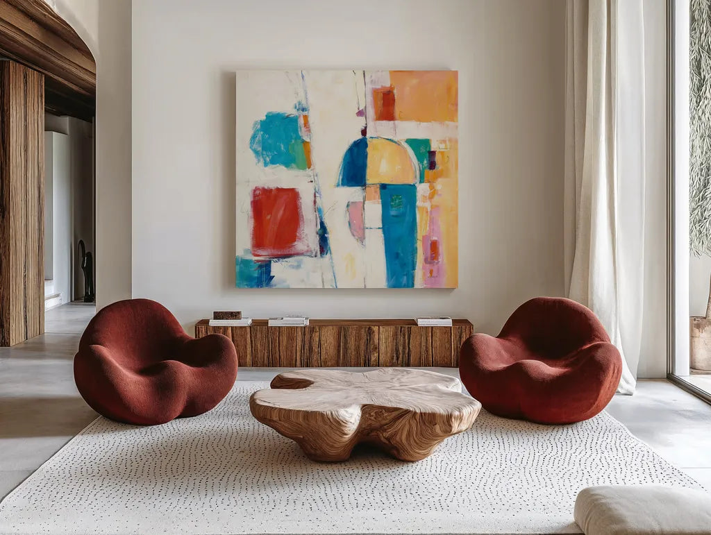 Down to the Street by Mike Schick. Shown as extra-large giant wall art in a modern living room. Available as an archival giclee rolled canvas, fine art paper, or poster print. SKU 49030a.