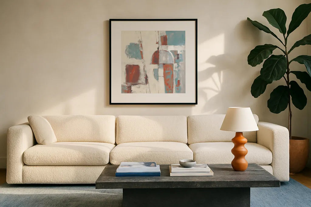Down to the Street Cool by Mike Schick. Displayed in a glass frame with matte in a clean modern living room. Available as an archival giclee rolled canvas, fine art paper, or poster print. SKU 53111a.