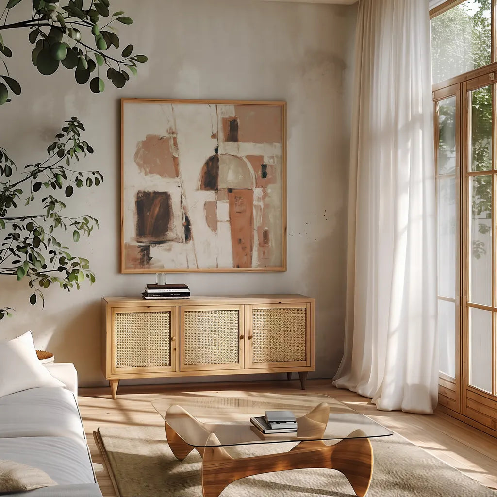 Down to the Street Warm by Mike Schick. Shown in a natural wood frame in a cozy modern living room. Available as an archival giclee rolled canvas, fine art paper, or poster print. SKU 55379a.