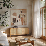 Down to the Street Warm by Mike Schick. Shown in a natural wood frame in a cozy modern living room. Available as an archival giclee rolled canvas, fine art paper, or poster print. SKU 55379a.