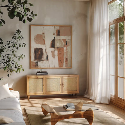 Down to the Street Warm by Mike Schick. Shown in a natural wood frame in a cozy modern living room. Available as an archival giclee rolled canvas, fine art paper, or poster print. SKU 55379a.