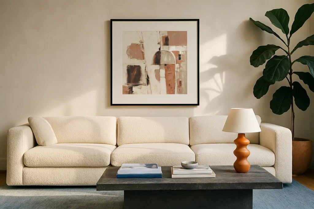 Down to the Street Warm by Mike Schick. Displayed in a glass frame with matte in a clean modern living room. Available as an archival giclee rolled canvas, fine art paper, or poster print. SKU 55379a.