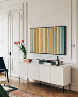 Eight to the Bar by Mike Schick. shown as a framed stretched canvas in a living room above a console. Available as a archival giclee rolled canvas, fine art paper, or poster print. SKU 11815i.