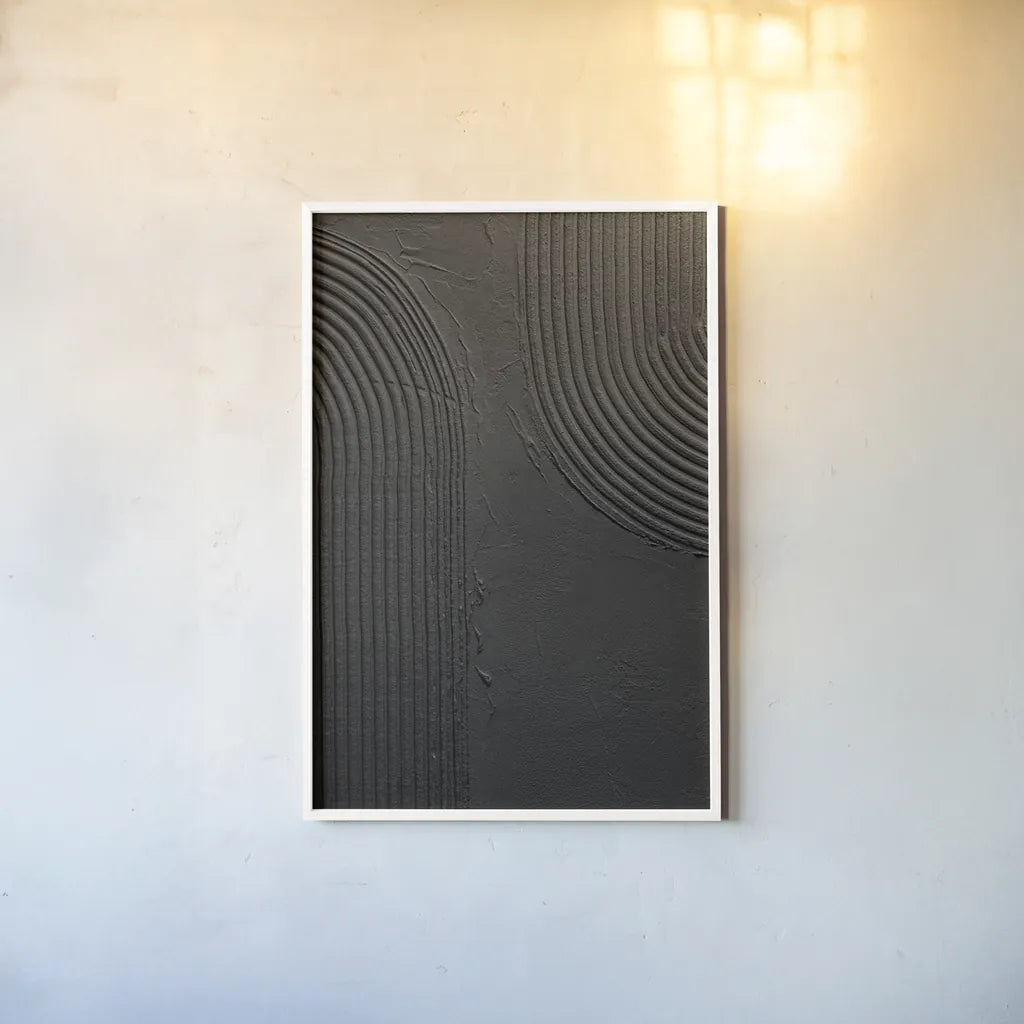 Embrace I Black by Mike Schick. shown as a paper print in a white frame. Available as a archival giclee rolled canvas, fine art paper, or poster print. SKU 86567h.
