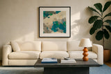 Emerald Gray Matter II Square by Mike Schick. Displayed in a glass frame with matte in a clean modern living room. Available as an archival giclee rolled canvas, fine art paper, or poster print. SKU 12614a.