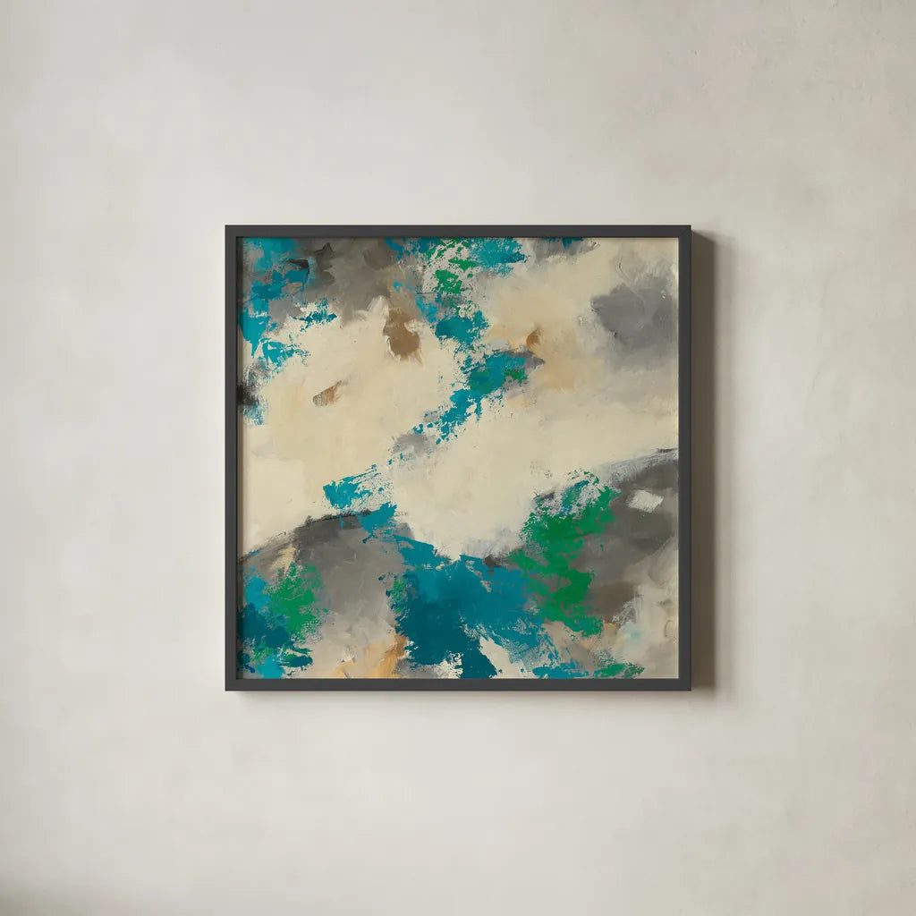 Emerald Gray Matter III Square by Mike Schick. Shown in a sleek black glass frame for a contemporary gallery look. Available as an archival giclee rolled canvas, fine art paper, or poster print. SKU 12613a.
