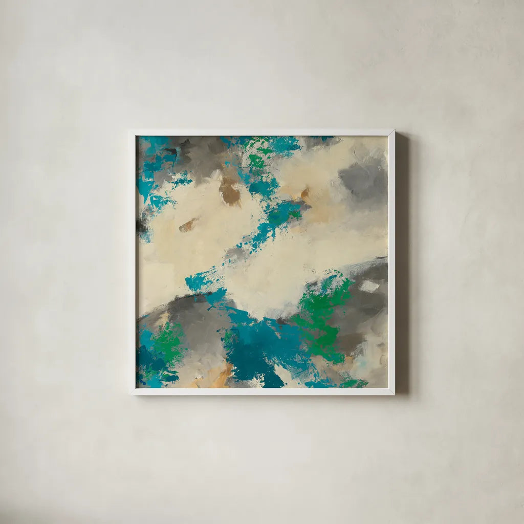Emerald Gray Matter III Square by Mike Schick. Shown in a crisp white glass frame for a clean and minimalist style. Available as an archival giclee rolled canvas, fine art paper, or poster print. SKU 12613a.