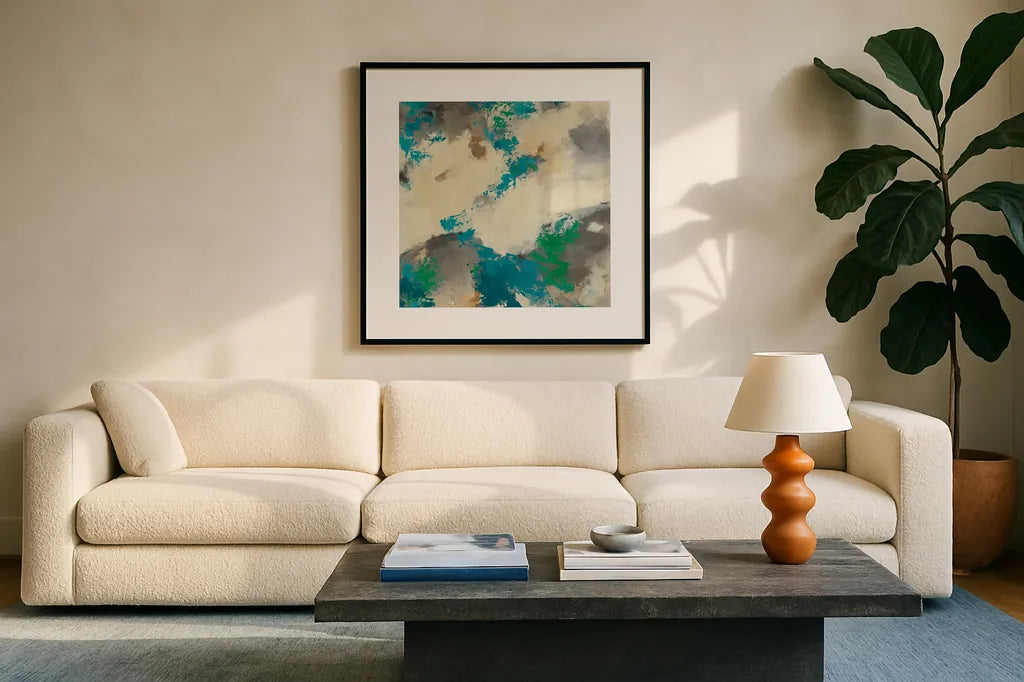 Emerald Gray Matter III Square by Mike Schick. Displayed in a glass frame with matte in a clean modern living room. Available as an archival giclee rolled canvas, fine art paper, or poster print. SKU 12613a.