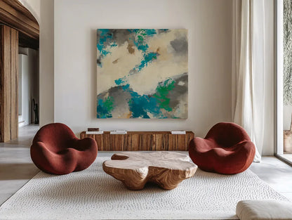 Emerald Gray Matter III Square by Mike Schick. Shown as extra-large giant wall art in a modern living room. Available as an archival giclee rolled canvas, fine art paper, or poster print. SKU 12613a.