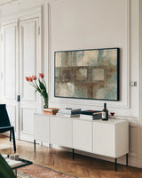Euclid Ave Variations Blue Brown by Mike Schick. shown as a framed stretched canvas in a living room above a console. Available as a archival giclee rolled canvas, fine art paper, or poster print. SKU 7906i.