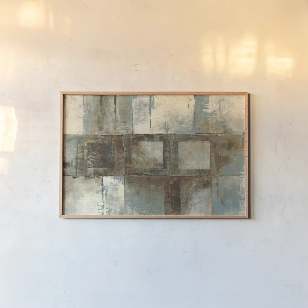 Euclid Ave Variations Blue Brown by Mike Schick. shown as a paper print in a natural frame. Available as a archival giclee rolled canvas, fine art paper, or poster print. SKU 7906i.