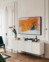 Exaggeration by Mike Schick. shown as a framed stretched canvas in a living room above a console. Available as a archival giclee rolled canvas, fine art paper, or poster print. SKU 64645i.
