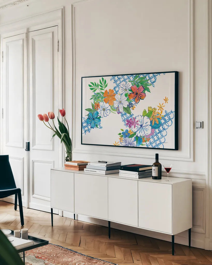 Flower Power I by Mike Schick. shown as a framed stretched canvas in a living room above a console. Available as a archival giclee rolled canvas, fine art paper, or poster print. SKU 65876i.