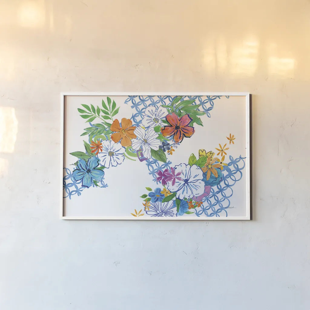 Flower Power I by Mike Schick. shown as a paper print in a white frame. Available as a archival giclee rolled canvas, fine art paper, or poster print. SKU 65876i.