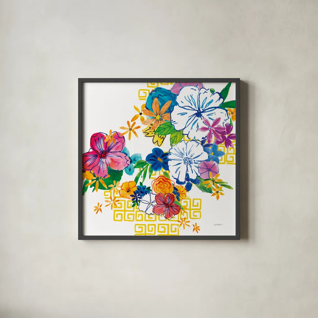 Flower Power II by Mike Schick. Shown in a sleek black glass frame for a contemporary gallery look. Available as an archival giclee rolled canvas, fine art paper, or poster print. SKU 65877a.