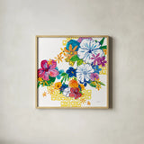 Flower Power II by Mike Schick. Shown in a natural wood glass frame for a timeless modern aesthetic. Available as an archival giclee rolled canvas, fine art paper, or poster print. SKU 65877a.