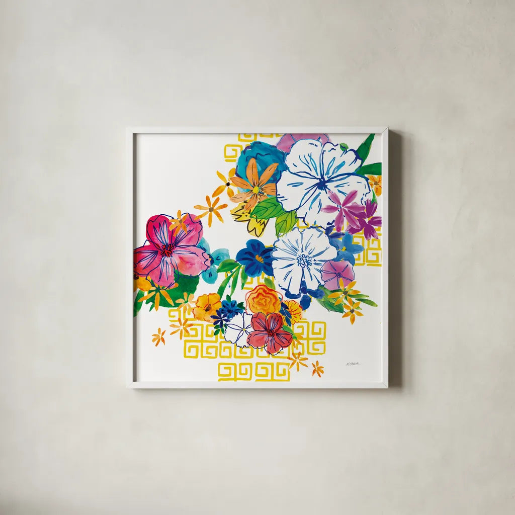 Flower Power II by Mike Schick. Shown in a crisp white glass frame for a clean and minimalist style. Available as an archival giclee rolled canvas, fine art paper, or poster print. SKU 65877a.