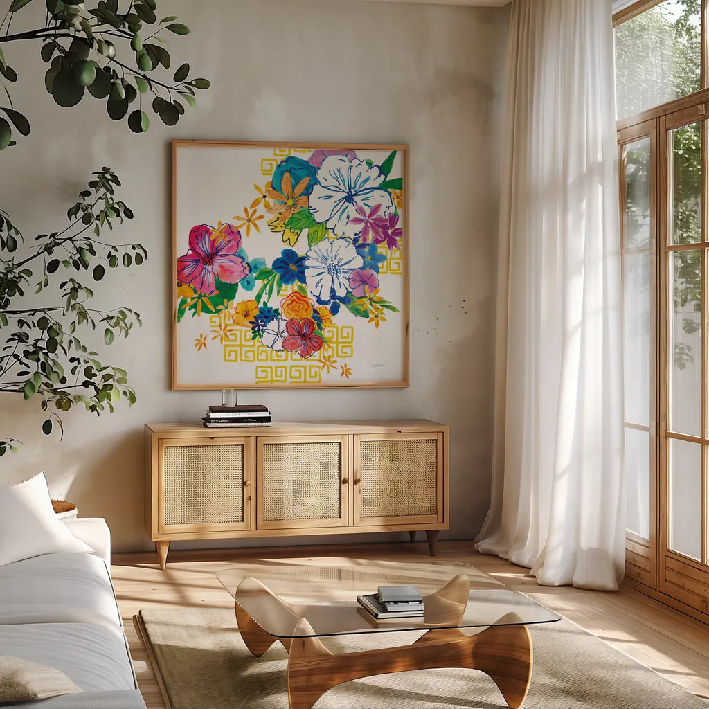 Flower Power II by Mike Schick. Shown in a natural wood frame in a cozy modern living room. Available as an archival giclee rolled canvas, fine art paper, or poster print. SKU 65877a.