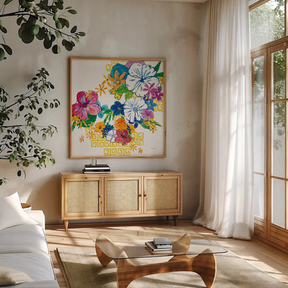 Flower Power II by Mike Schick. Shown in a natural wood frame in a cozy modern living room. Available as an archival giclee rolled canvas, fine art paper, or poster print. SKU 65877a.