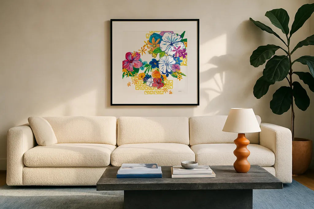 Flower Power II by Mike Schick. Displayed in a glass frame with matte in a clean modern living room. Available as an archival giclee rolled canvas, fine art paper, or poster print. SKU 65877a.