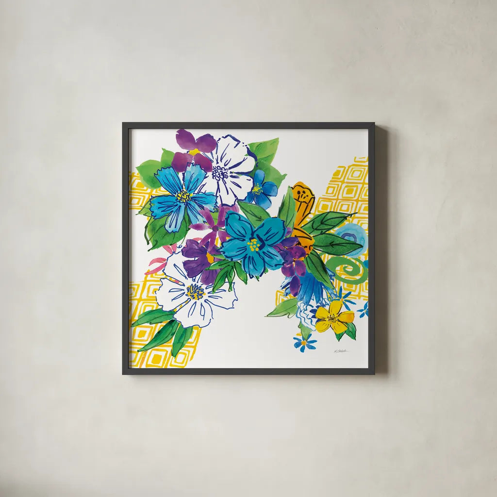 Flower Power III by Mike Schick. Shown in a sleek black glass frame for a contemporary gallery look. Available as an archival giclee rolled canvas, fine art paper, or poster print. SKU 65878a.