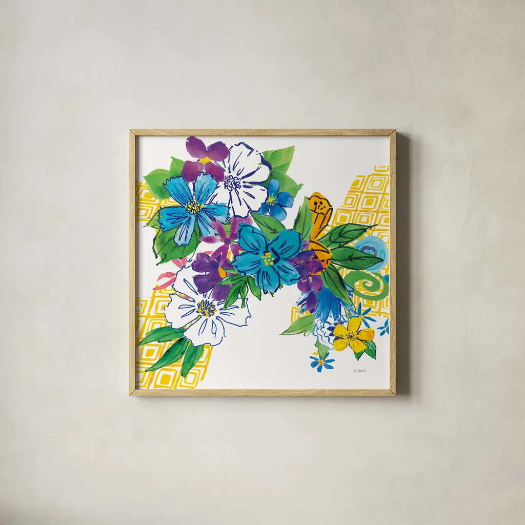 Flower Power III by Mike Schick. Shown in a natural wood glass frame for a timeless modern aesthetic. Available as an archival giclee rolled canvas, fine art paper, or poster print. SKU 65878a.