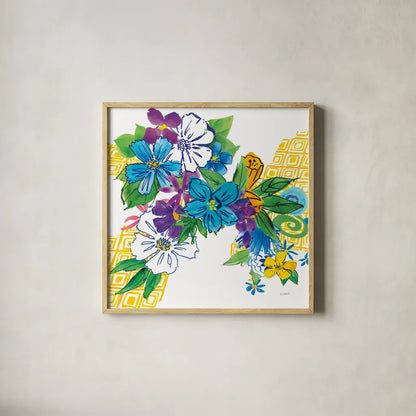 Flower Power III by Mike Schick. Shown in a natural wood glass frame for a timeless modern aesthetic. Available as an archival giclee rolled canvas, fine art paper, or poster print. SKU 65878a.