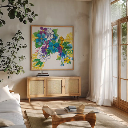 Flower Power III by Mike Schick. Shown in a natural wood frame in a cozy modern living room. Available as an archival giclee rolled canvas, fine art paper, or poster print. SKU 65878a.