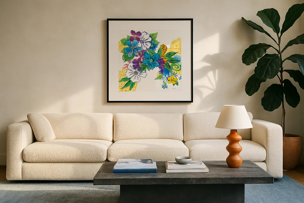 Flower Power III by Mike Schick. Displayed in a glass frame with matte in a clean modern living room. Available as an archival giclee rolled canvas, fine art paper, or poster print. SKU 65878a.