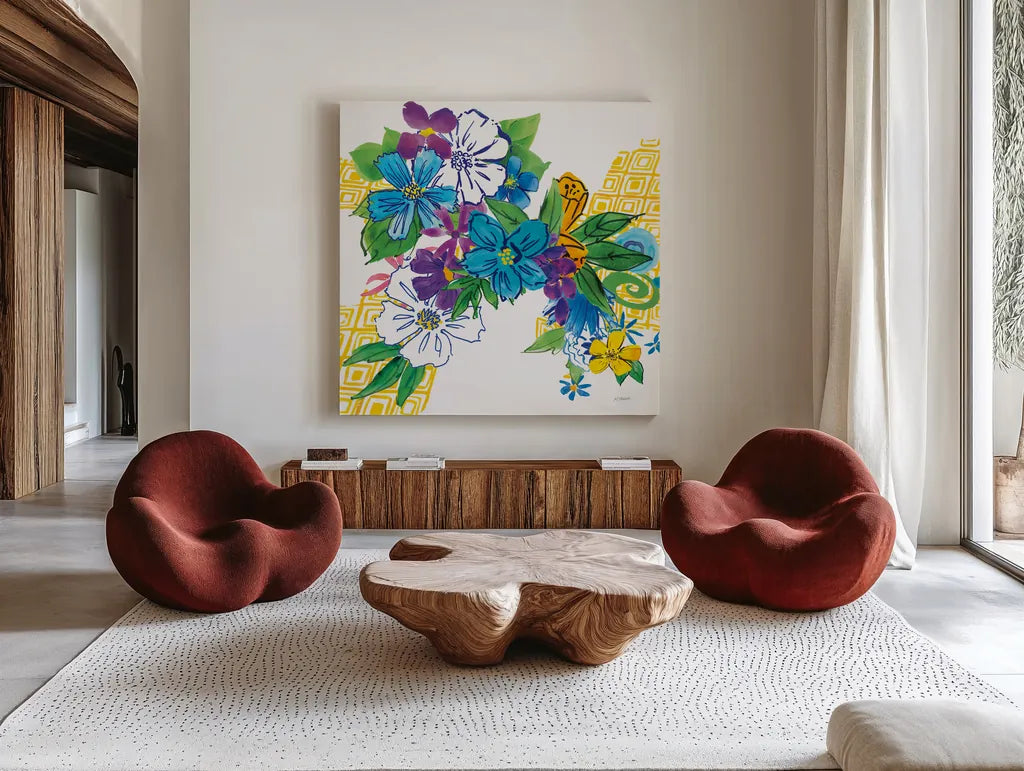 Flower Power III by Mike Schick. Shown as extra-large giant wall art in a modern living room. Available as an archival giclee rolled canvas, fine art paper, or poster print. SKU 65878a.