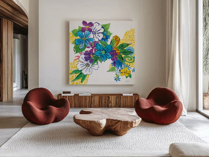 Flower Power III by Mike Schick. Shown as extra-large giant wall art in a modern living room. Available as an archival giclee rolled canvas, fine art paper, or poster print. SKU 65878a.