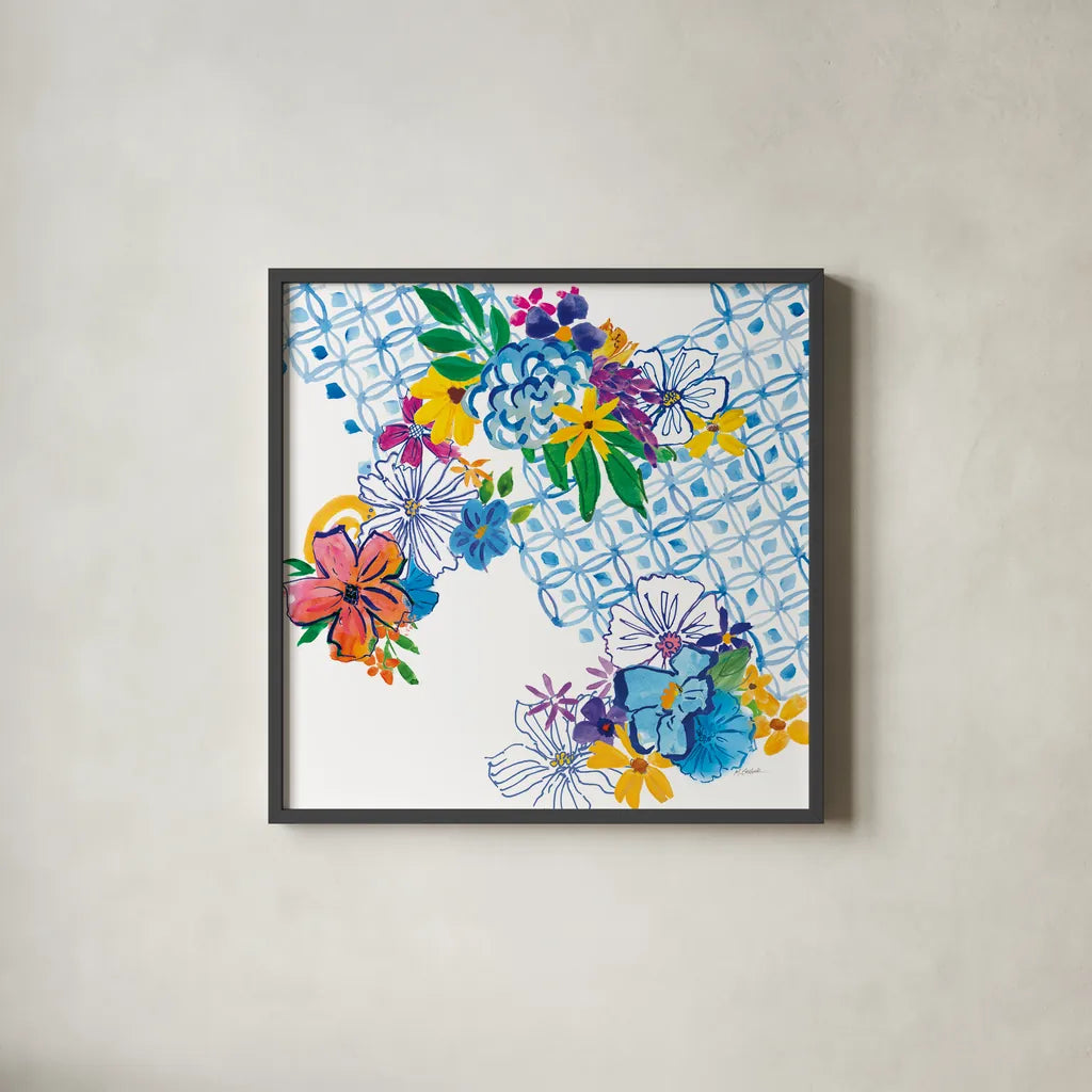 Flower Power IV by Mike Schick. Shown in a sleek black glass frame for a contemporary gallery look. Available as an archival giclee rolled canvas, fine art paper, or poster print. SKU 65879a.