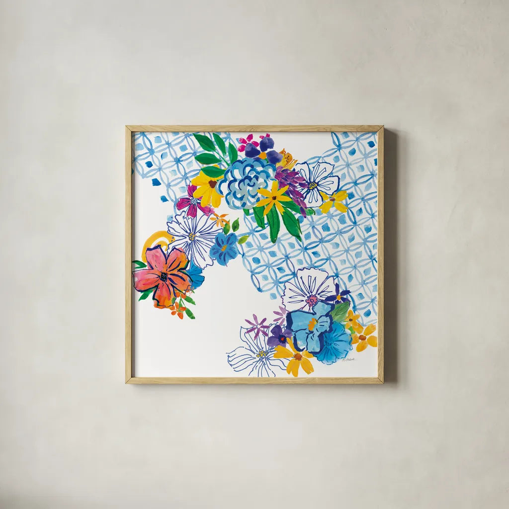 Flower Power IV by Mike Schick. Shown in a natural wood glass frame for a timeless modern aesthetic. Available as an archival giclee rolled canvas, fine art paper, or poster print. SKU 65879a.
