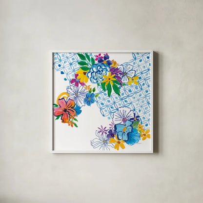 Flower Power IV by Mike Schick. Shown in a crisp white glass frame for a clean and minimalist style. Available as an archival giclee rolled canvas, fine art paper, or poster print. SKU 65879a.