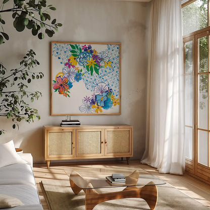 Flower Power IV by Mike Schick. Shown in a natural wood frame in a cozy modern living room. Available as an archival giclee rolled canvas, fine art paper, or poster print. SKU 65879a.