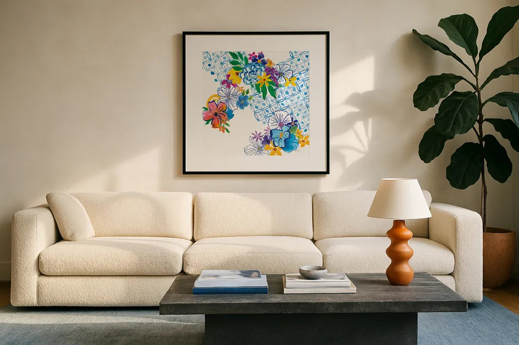 Flower Power IV by Mike Schick. Displayed in a glass frame with matte in a clean modern living room. Available as an archival giclee rolled canvas, fine art paper, or poster print. SKU 65879a.