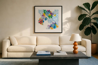 Flower Power IV by Mike Schick. Displayed in a glass frame with matte in a clean modern living room. Available as an archival giclee rolled canvas, fine art paper, or poster print. SKU 65879a.