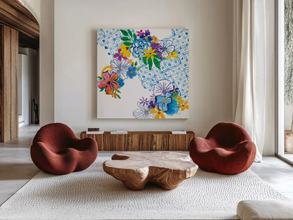 Flower Power IV by Mike Schick. Shown as extra-large giant wall art in a modern living room. Available as an archival giclee rolled canvas, fine art paper, or poster print. SKU 65879a.