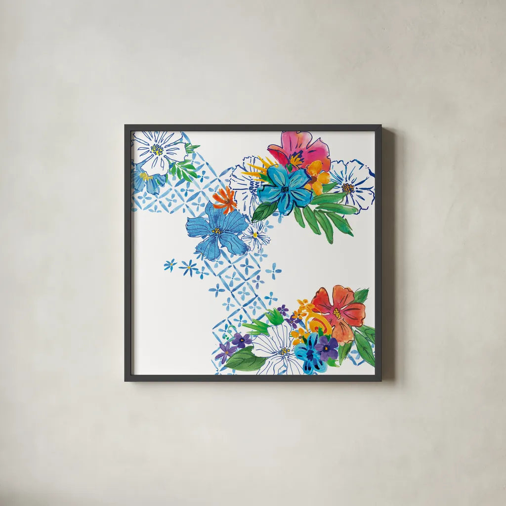 Flower Power V by Mike Schick. Shown in a sleek black glass frame for a contemporary gallery look. Available as an archival giclee rolled canvas, fine art paper, or poster print. SKU 65880a.