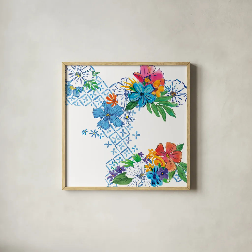 Flower Power V by Mike Schick. Shown in a natural wood glass frame for a timeless modern aesthetic. Available as an archival giclee rolled canvas, fine art paper, or poster print. SKU 65880a.
