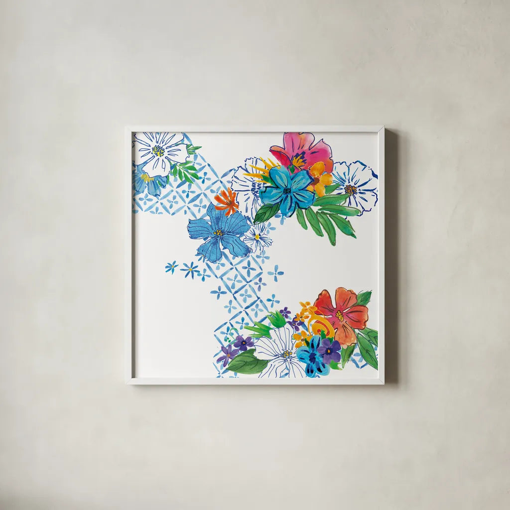 Flower Power V by Mike Schick. Shown in a crisp white glass frame for a clean and minimalist style. Available as an archival giclee rolled canvas, fine art paper, or poster print. SKU 65880a.