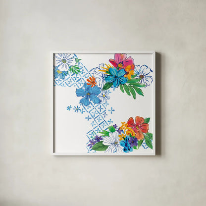 Flower Power V by Mike Schick. Shown in a crisp white glass frame for a clean and minimalist style. Available as an archival giclee rolled canvas, fine art paper, or poster print. SKU 65880a.