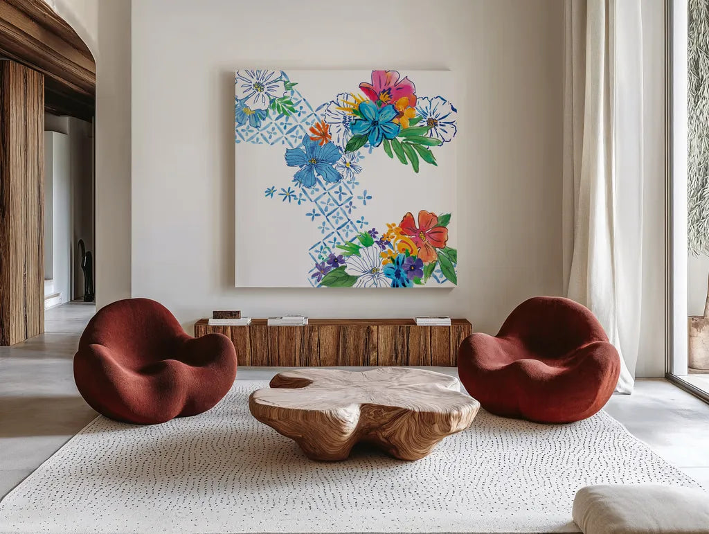 Flower Power V by Mike Schick. Shown as extra-large giant wall art in a modern living room. Available as an archival giclee rolled canvas, fine art paper, or poster print. SKU 65880a.