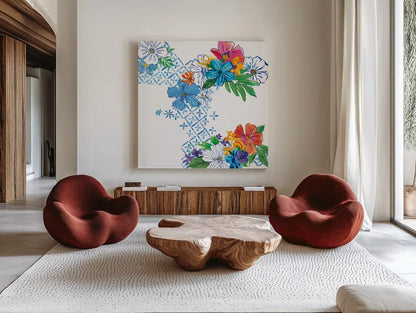 Flower Power V by Mike Schick. Shown as extra-large giant wall art in a modern living room. Available as an archival giclee rolled canvas, fine art paper, or poster print. SKU 65880a.
