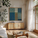 Forest Bridge by Mike Schick. Shown in a natural wood frame in a cozy modern living room. Available as an archival giclee rolled canvas, fine art paper, or poster print. SKU 34221a.