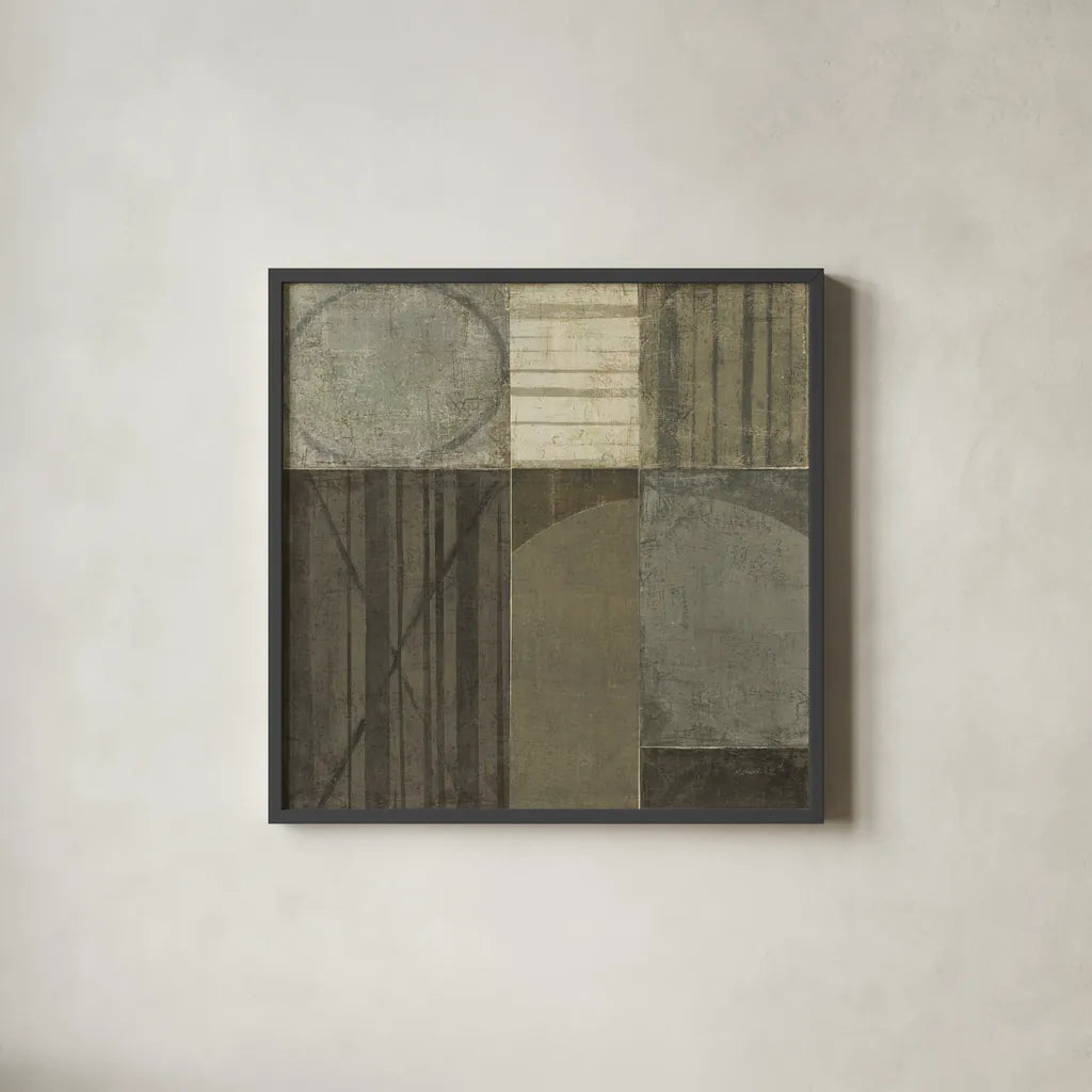 Forest Bridge Neutral by Mike Schick. Shown in a sleek black glass frame for a contemporary gallery look. Available as an archival giclee rolled canvas, fine art paper, or poster print. SKU 12503a.