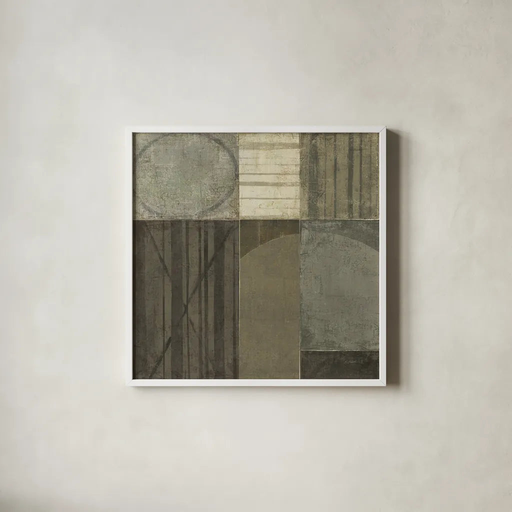 Forest Bridge Neutral by Mike Schick. Shown in a crisp white glass frame for a clean and minimalist style. Available as an archival giclee rolled canvas, fine art paper, or poster print. SKU 12503a.