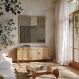 Forest Bridge Neutral by Mike Schick. Shown in a natural wood frame in a cozy modern living room. Available as an archival giclee rolled canvas, fine art paper, or poster print. SKU 12503a.