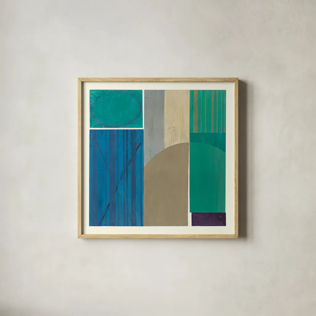 Forest Bridge V2 by Mike Schick. Shown in a natural wood glass frame for a timeless modern aesthetic. Available as an archival giclee rolled canvas, fine art paper, or poster print. SKU 34276a.