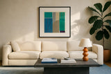 Forest Bridge V2 by Mike Schick. Displayed in a glass frame with matte in a clean modern living room. Available as an archival giclee rolled canvas, fine art paper, or poster print. SKU 34276a.